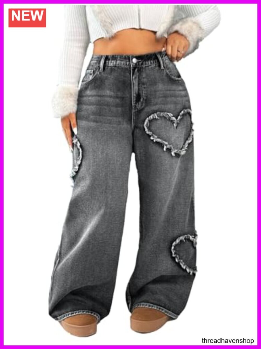 High Waisted Wide Leg Distressed Heart Pattern Jeans Stretch Denim - Picture 1 of 5